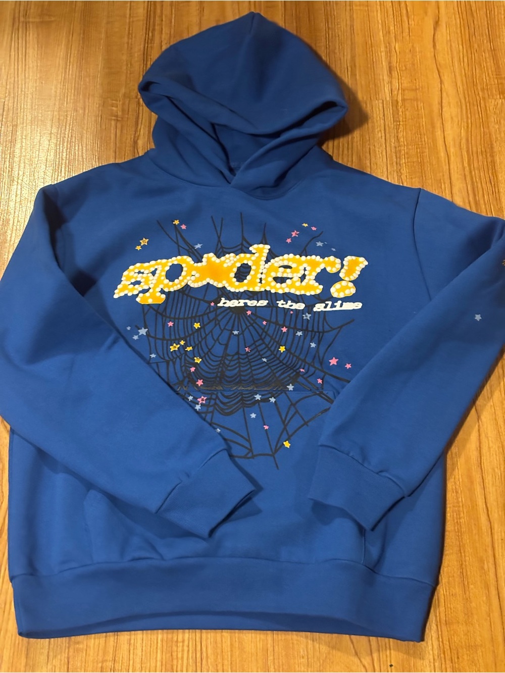 Blue Graphic Crewneck Hoodie with Spider Web Print